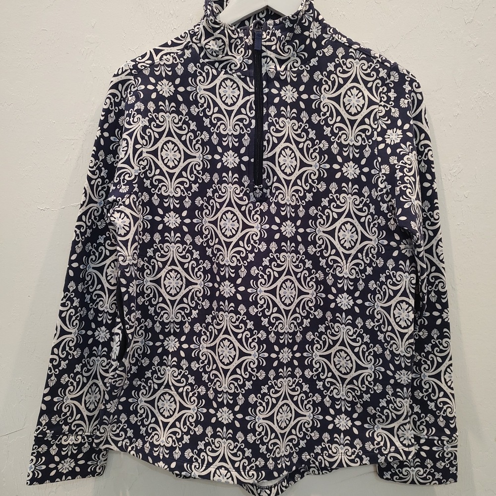 Vera Bradley Long Sleeve 1/4 Zip Pullover Blue White Medallion Sz Small Pockets